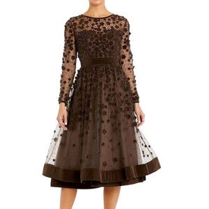 Mac Dugal Illusion Round Neck Long Sleeve Velvet Trim Floral Midi Dress SZ 12